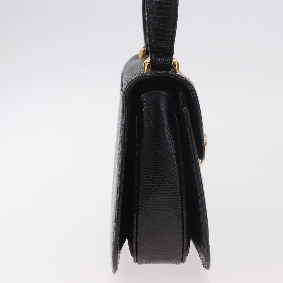 GUCCI Hand Bag Leather Embossed Black Gold Auth 187786A