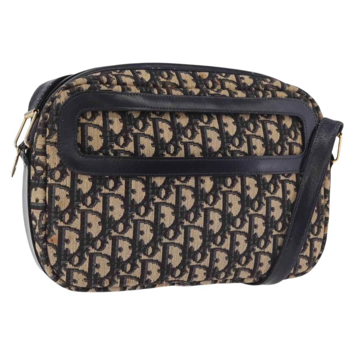 Christian Dior Trotter Canvas Shoulder Bag Navy Gold Auth 187791