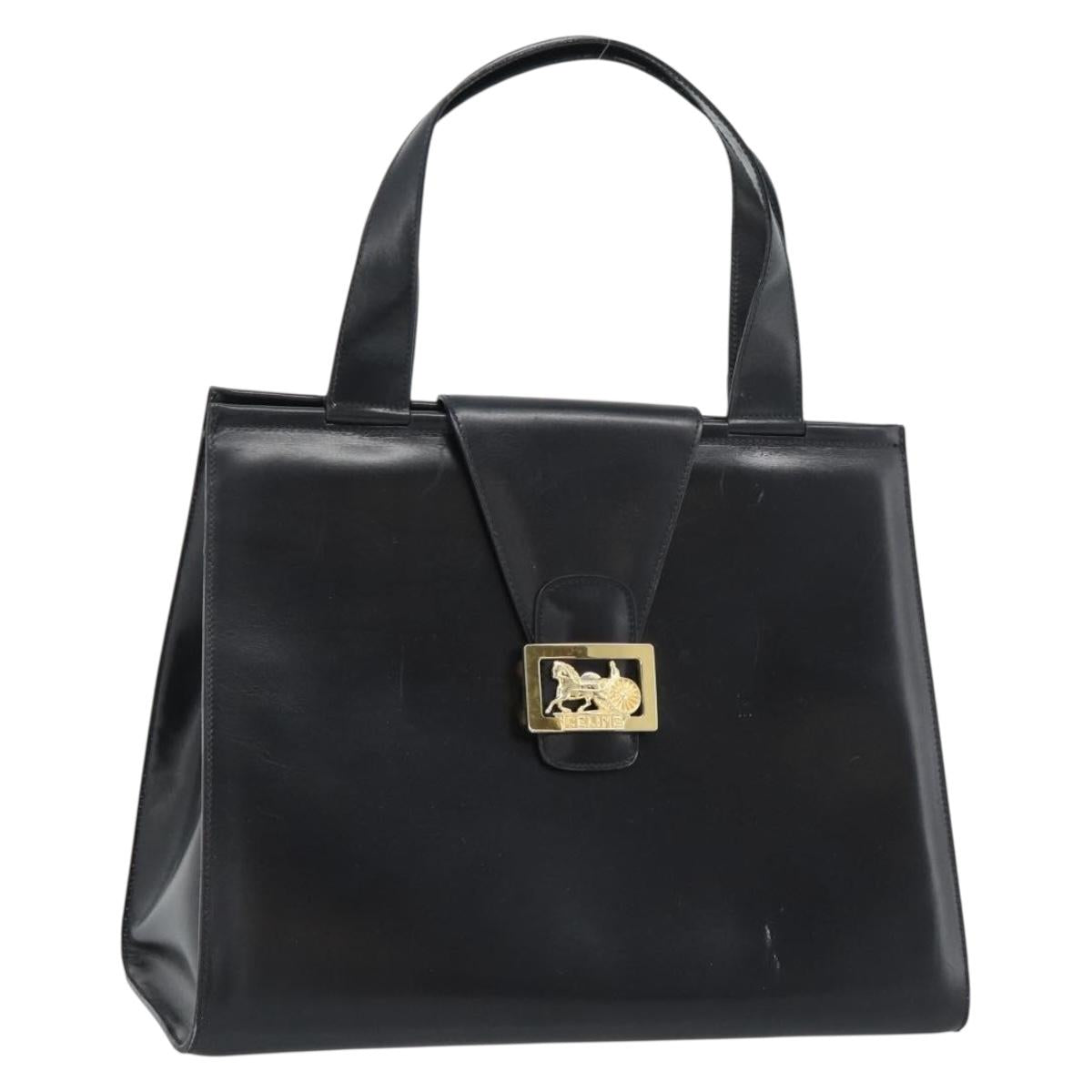 CELINE Horse Carriage Tote Bag Leather Black Gold Auth 187792A