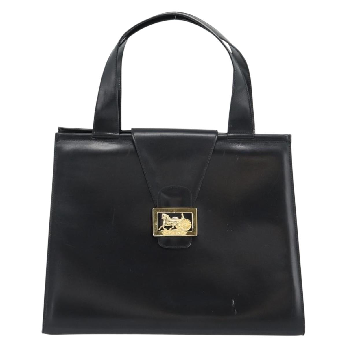 CELINE Horse Carriage Tote Bag Leather Black Gold Auth 187792A