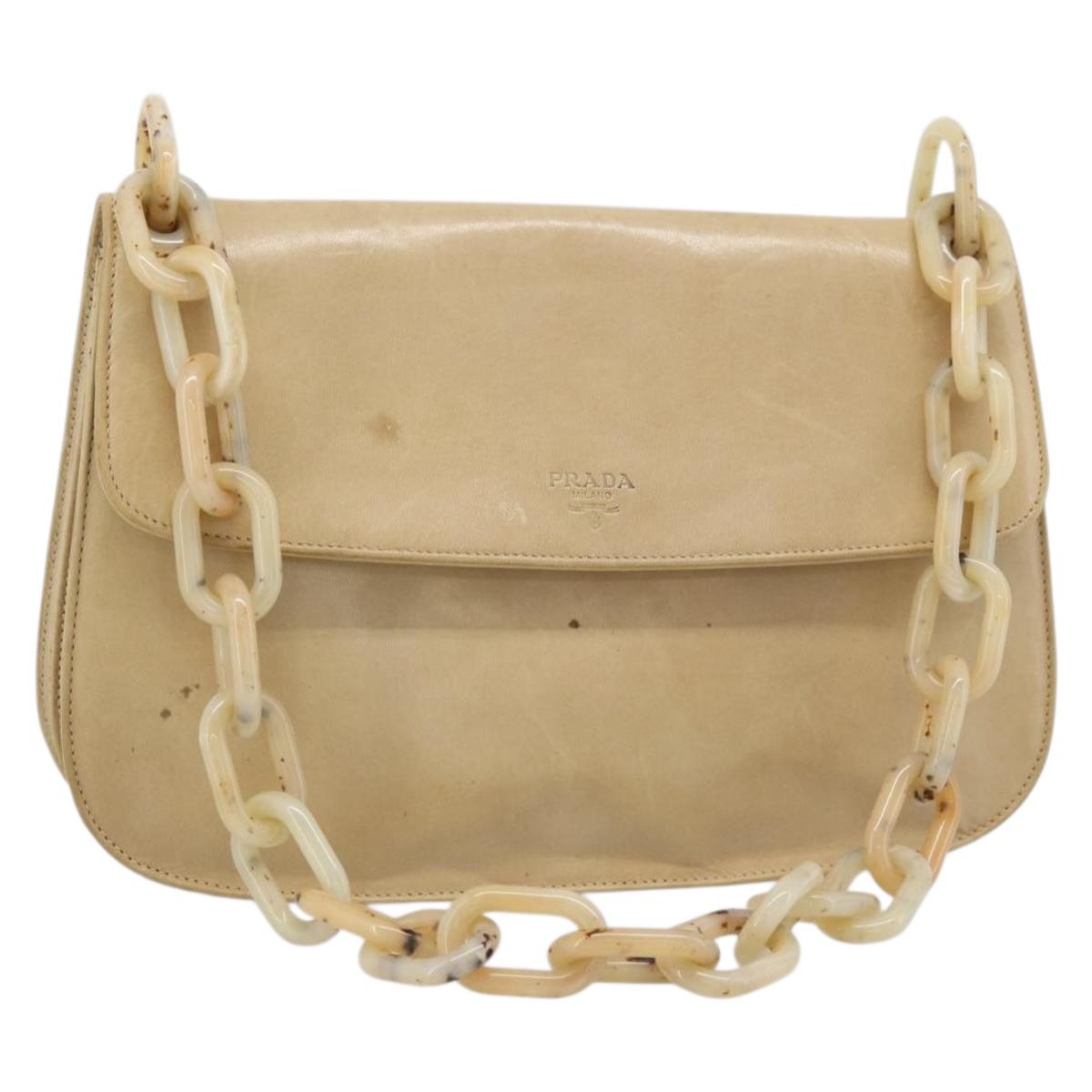 PRADA Chain Shoulder Bag Leather Beige Silver Auth 187798A