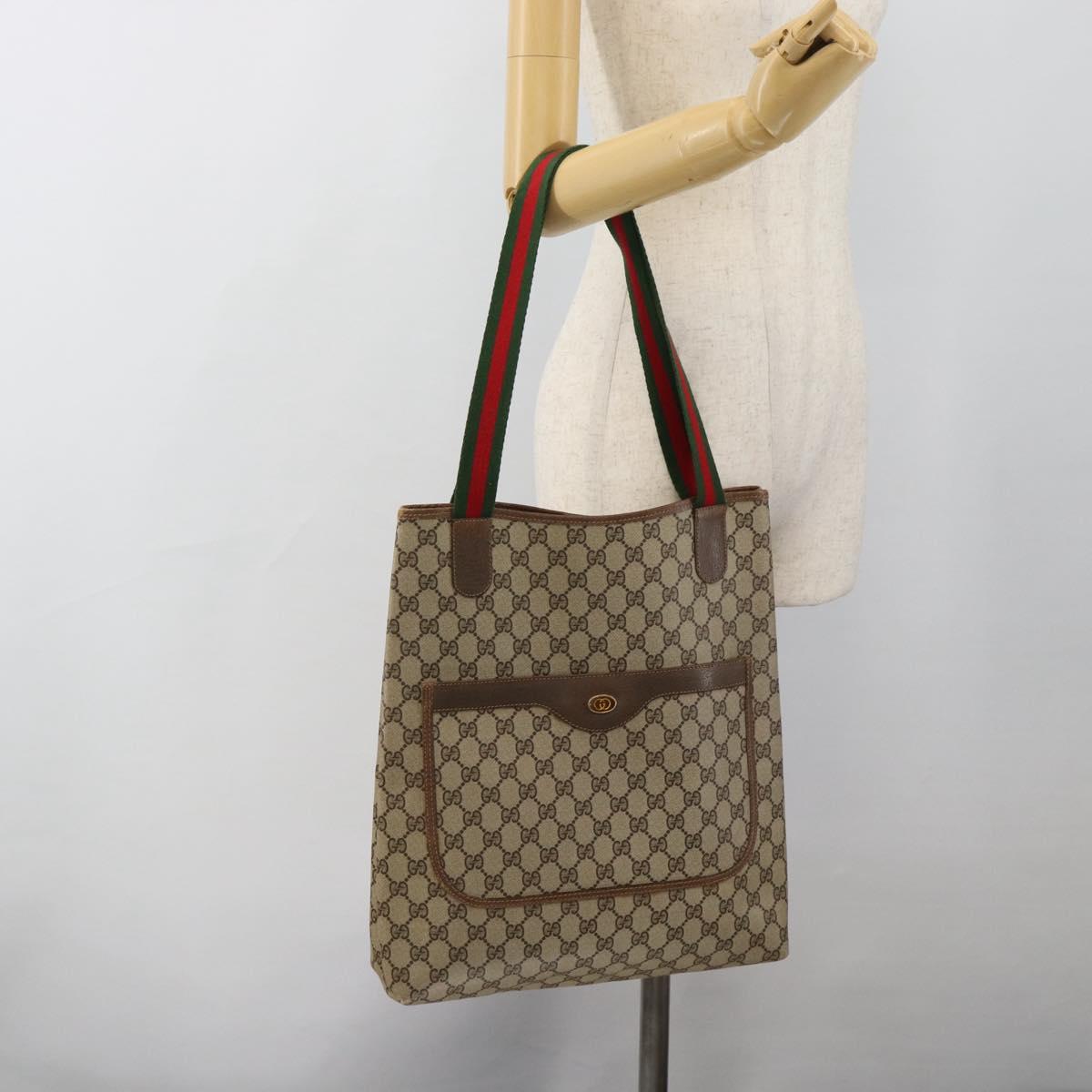 GUCCI GG Supreme Web Sherry Line Tote Bag PVC Beige Auth 187804