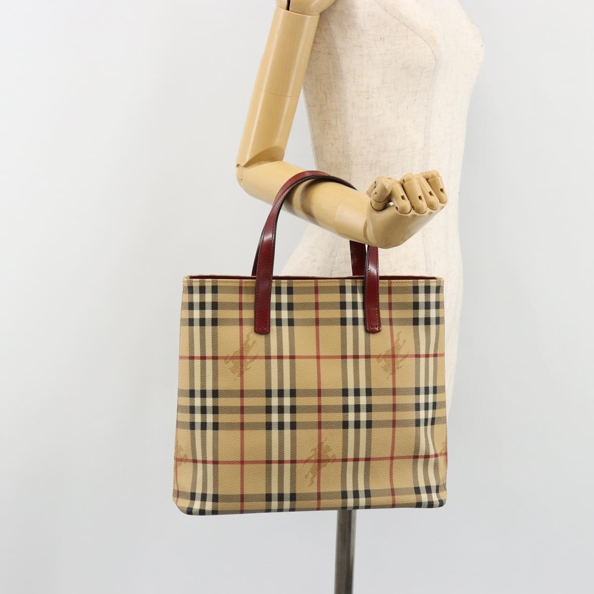BURBERRY Nova Check Tote Bag PVC Leather Beige Silver Auth 187812A