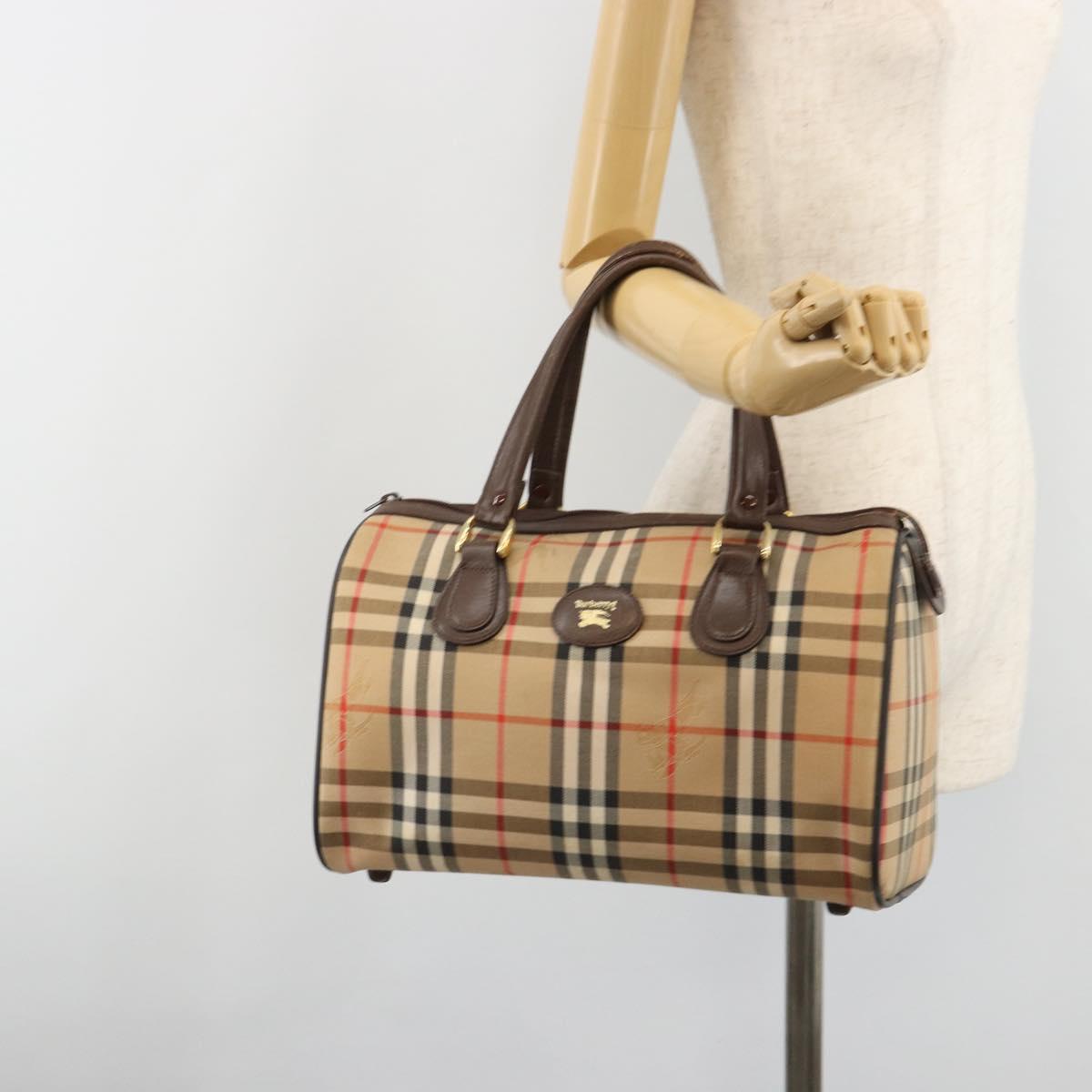 Burberrys Nova Check Hand Bag Canvas Beige Gold Auth 187815
