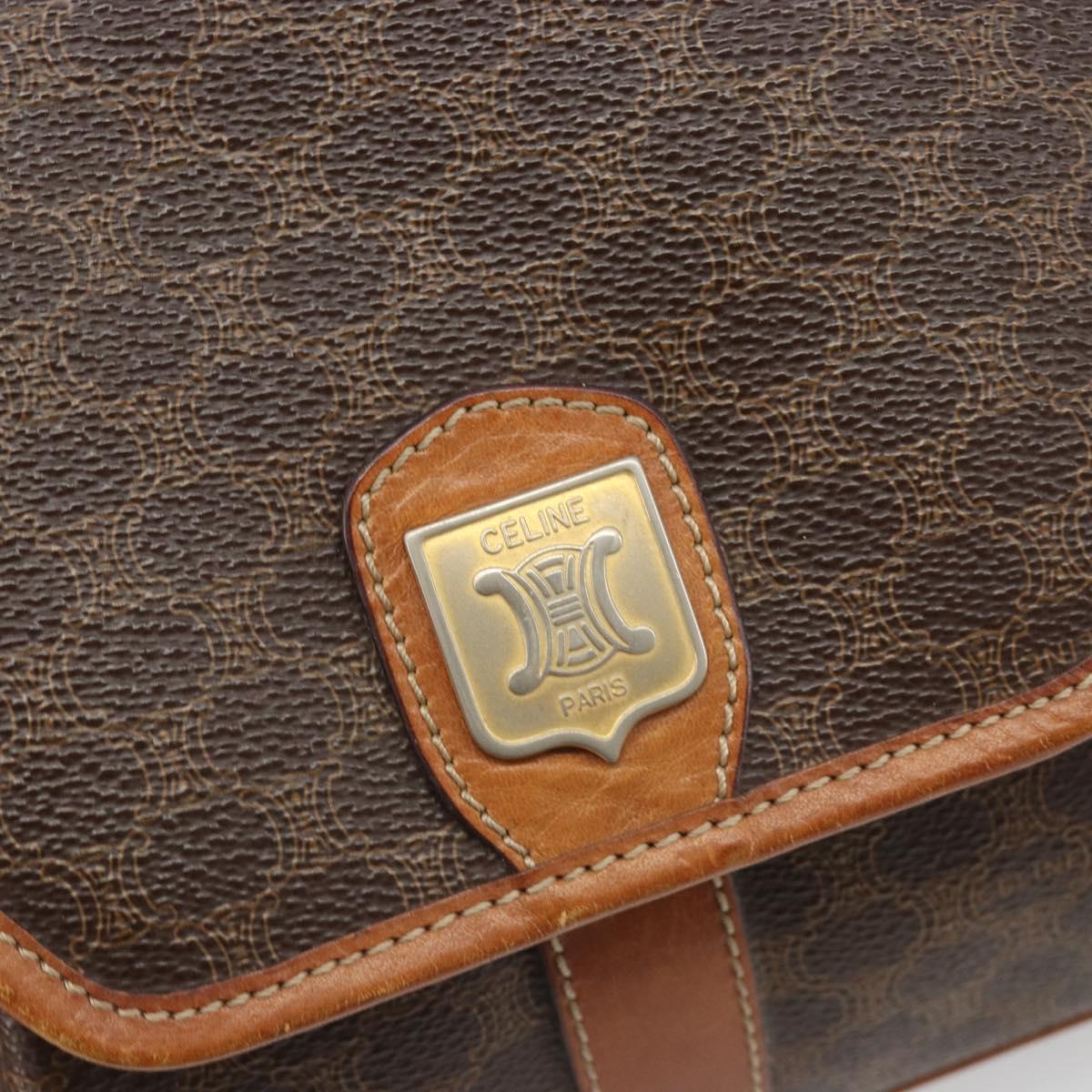 CELINE Macadam Canvas Shoulder Bag PVC Leather Brown Gold Auth 187817