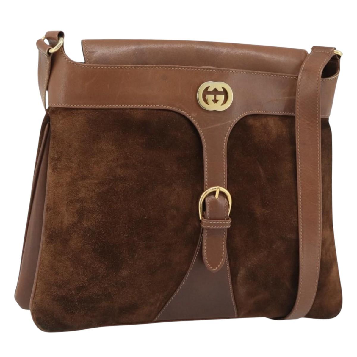 GUCCI Shoulder Bag Suede Brown Gold Auth 187820
