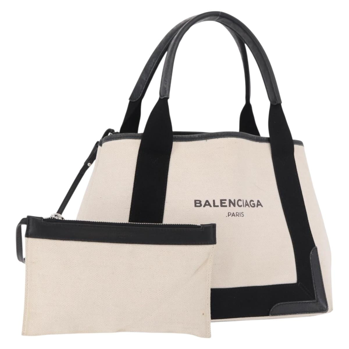 BALENCIAGA Navy Cabas Hand Bag Canvas Ivory Silver 339933 Auth 187821