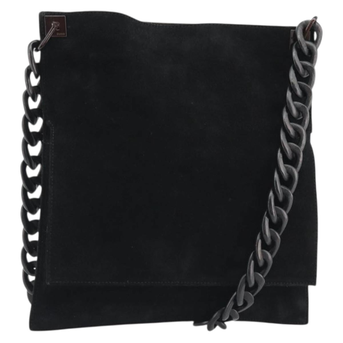 GUCCI Wood Chain Shoulder Bag Suede Black Silver 002 1705 0496 Auth 187852