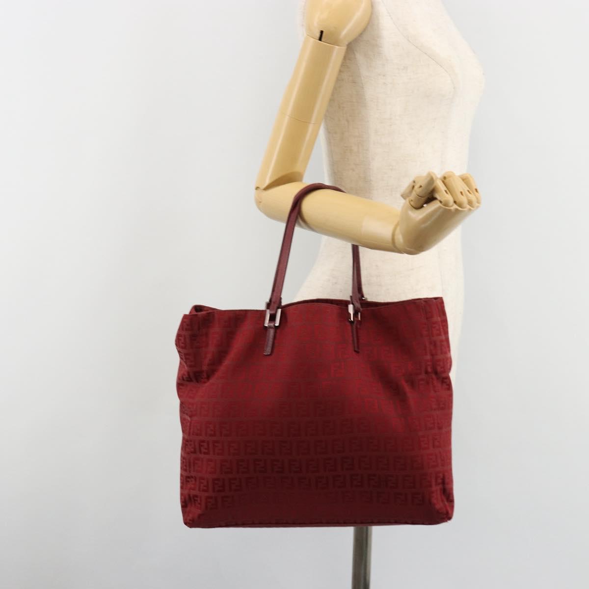 FENDI Zucchino Canvas Tote Bag Red Gold Auth 187865