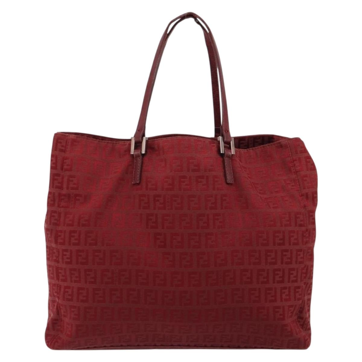 FENDI Zucchino Canvas Tote Bag Red Gold Auth 187865