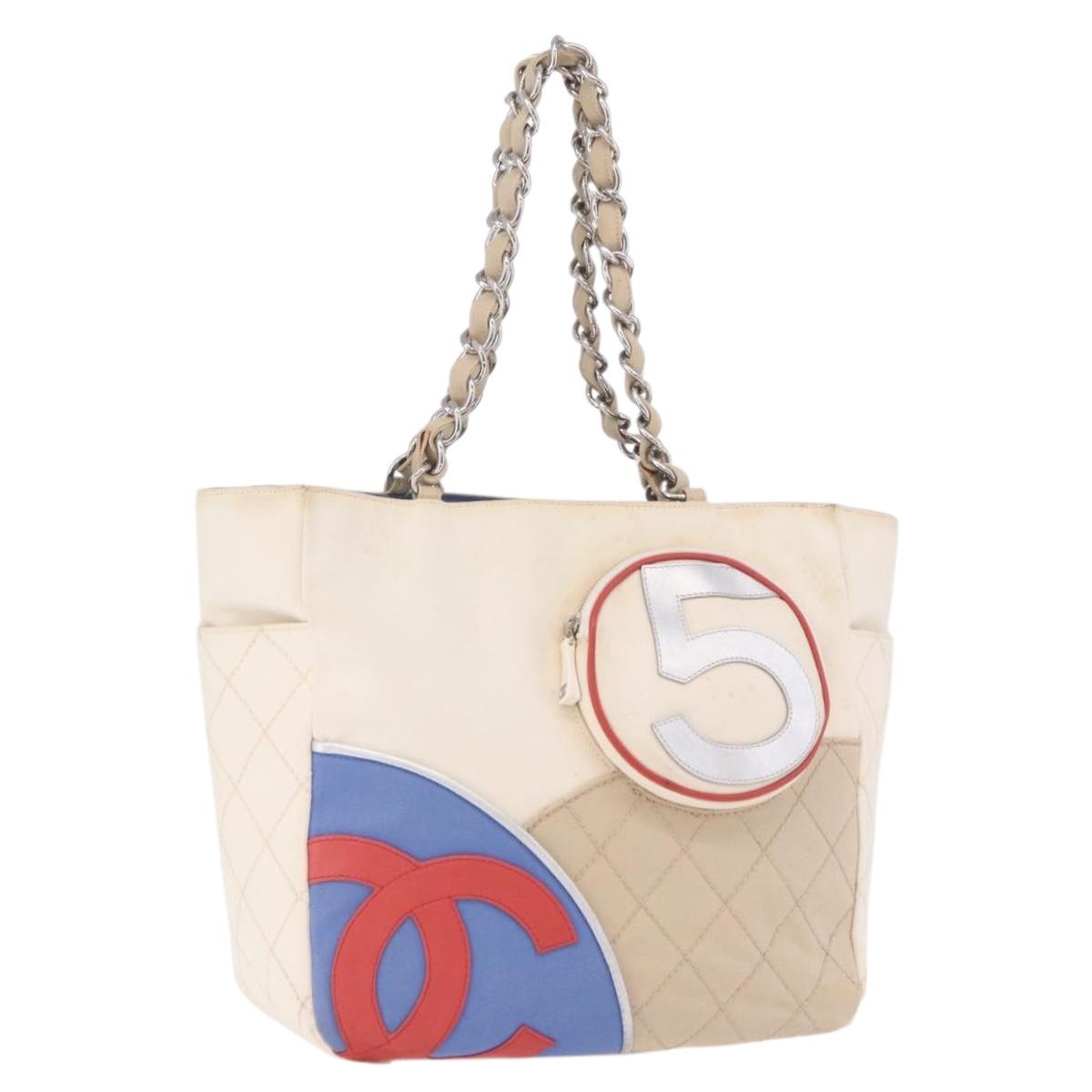 CHANEL No. 5 Wild Stitch Chain Tote Bag Canvas Ivory Silver CC Auth 187876A