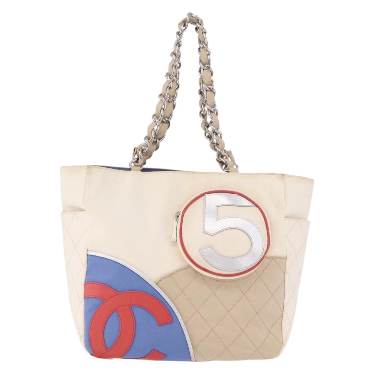 CHANEL No. 5 Wild Stitch Chain Tote Bag Canvas Ivory Silver CC Auth 187876A