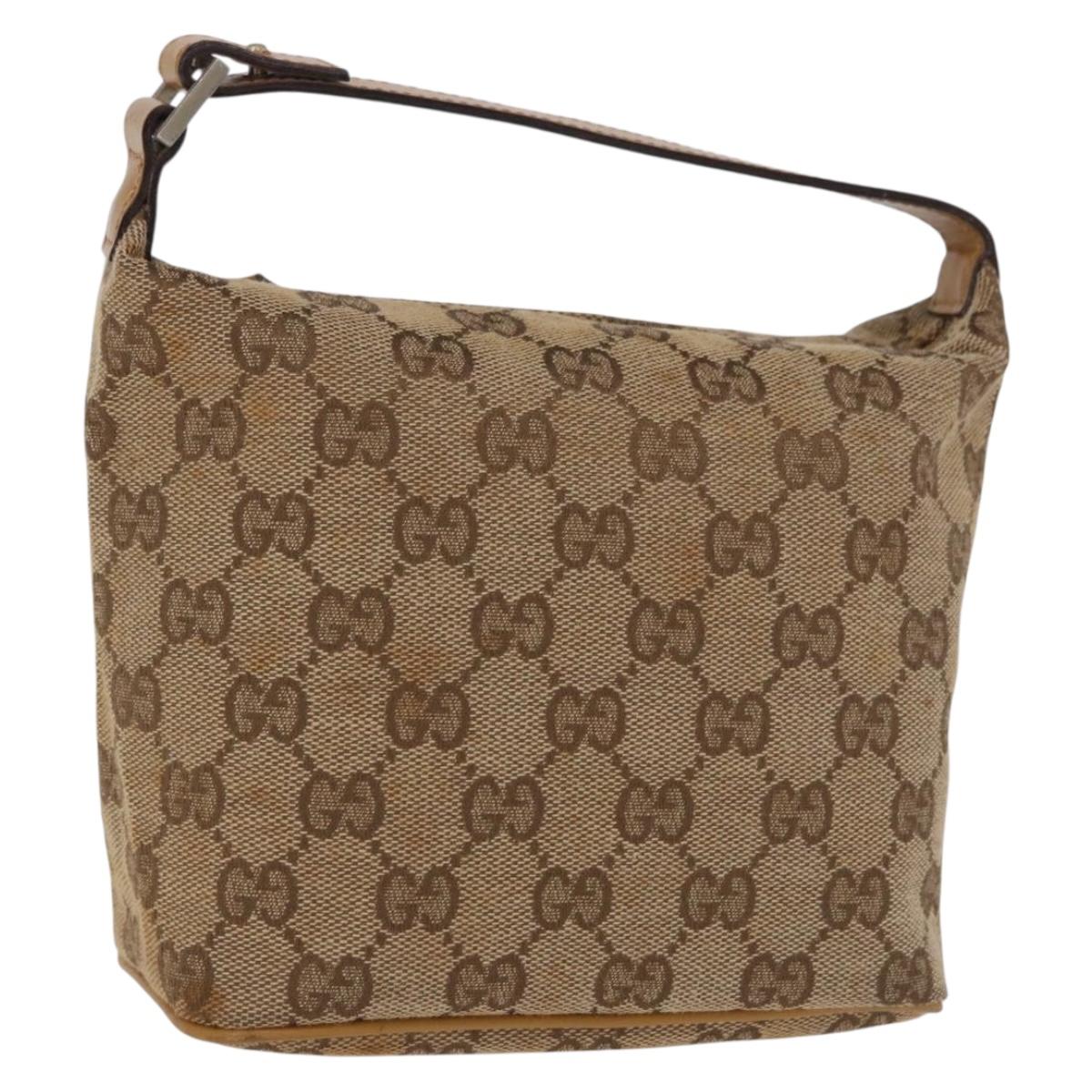 GUCCI GG Canvas Hand Pouch Beige Silver 039 1147 Auth 187878