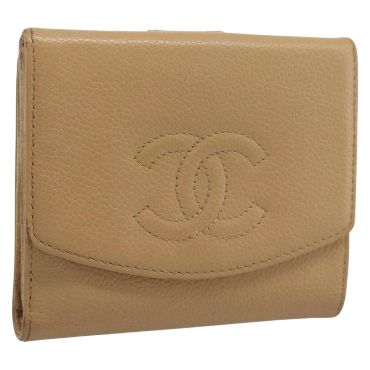 CHANEL Bifold Wallet Caviar Skin Beige Gold CC Auth 187885
