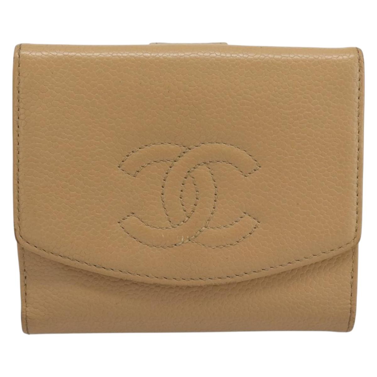 CHANEL Bifold Wallet Caviar Skin Beige Gold CC Auth 187885
