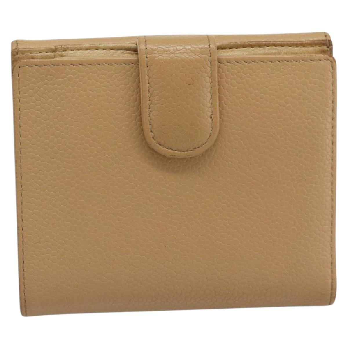 CHANEL Bifold Wallet Caviar Skin Beige Gold CC Auth 187885