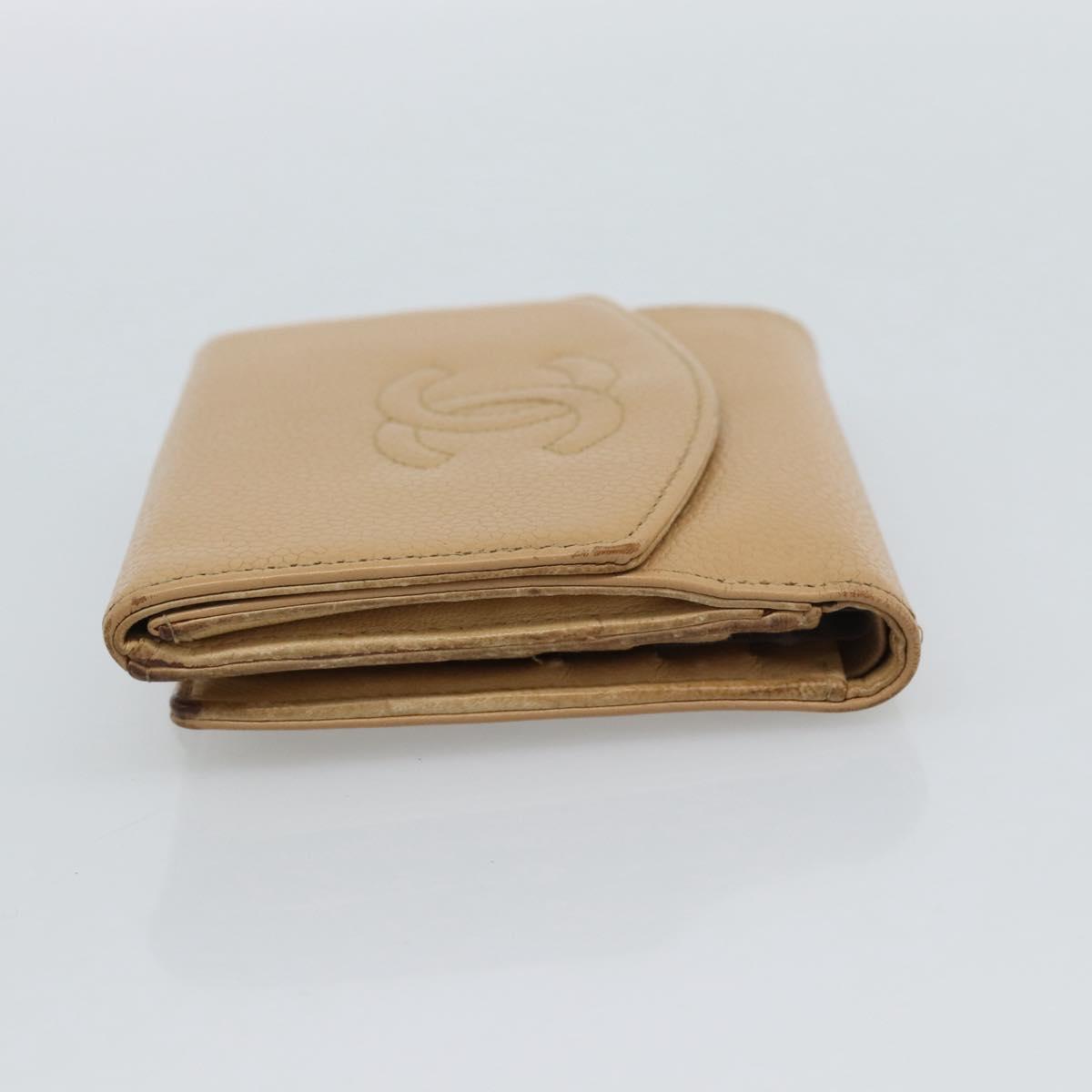 CHANEL Bifold Wallet Caviar Skin Beige Gold CC Auth 187885
