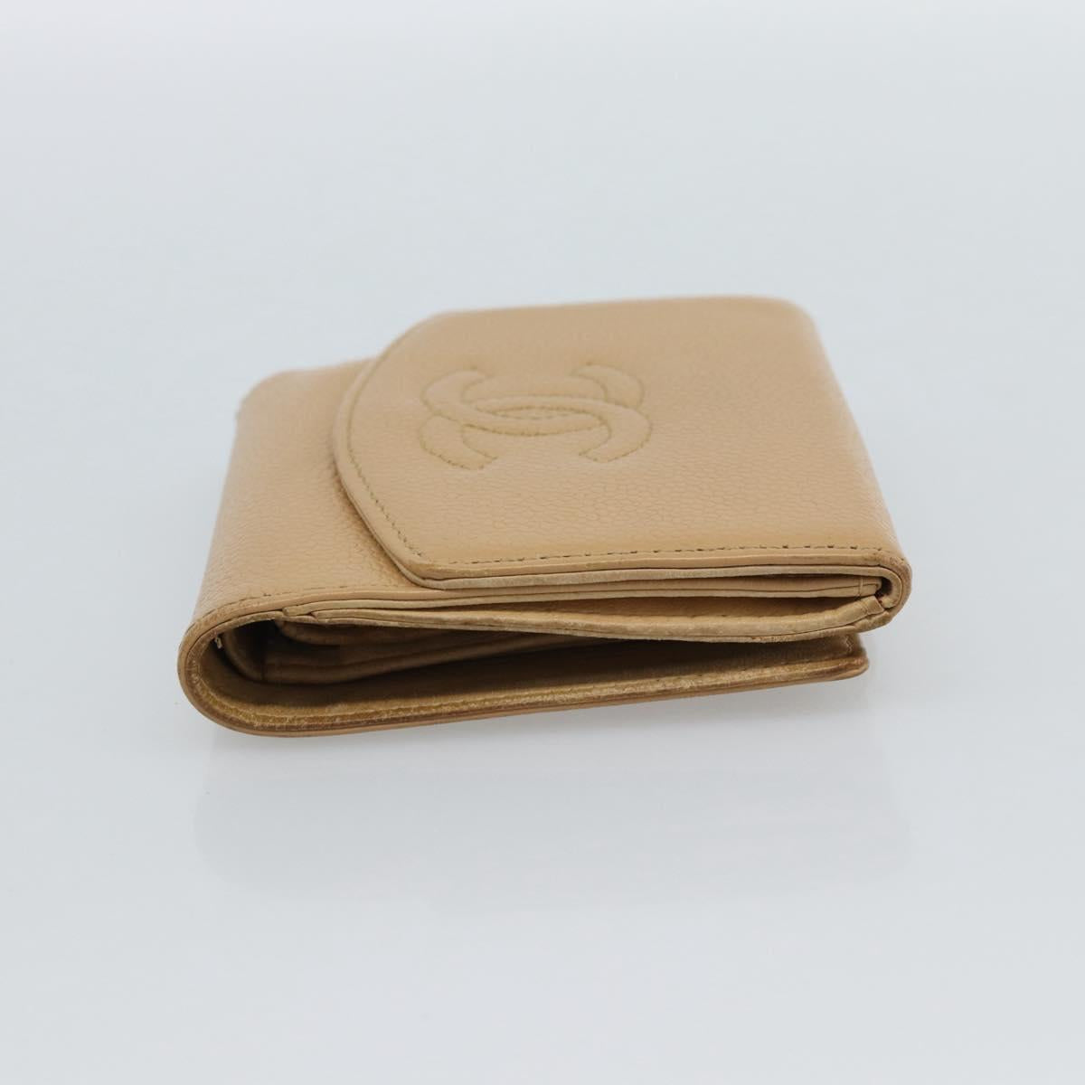 CHANEL Bifold Wallet Caviar Skin Beige Gold CC Auth 187885