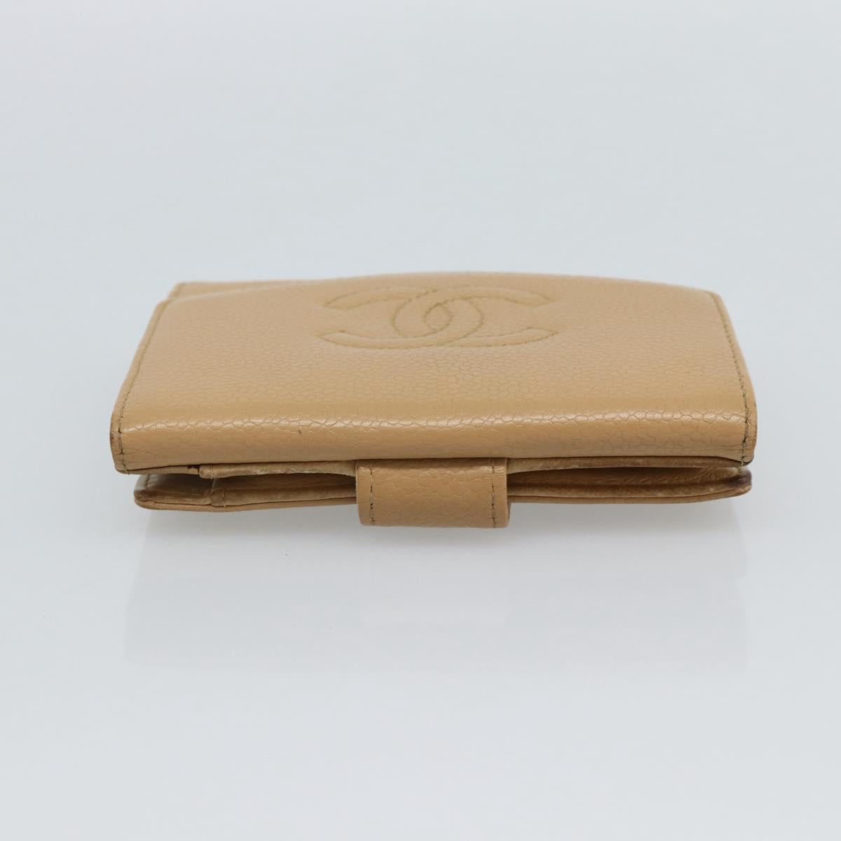 CHANEL Bifold Wallet Caviar Skin Beige Gold CC Auth 187885