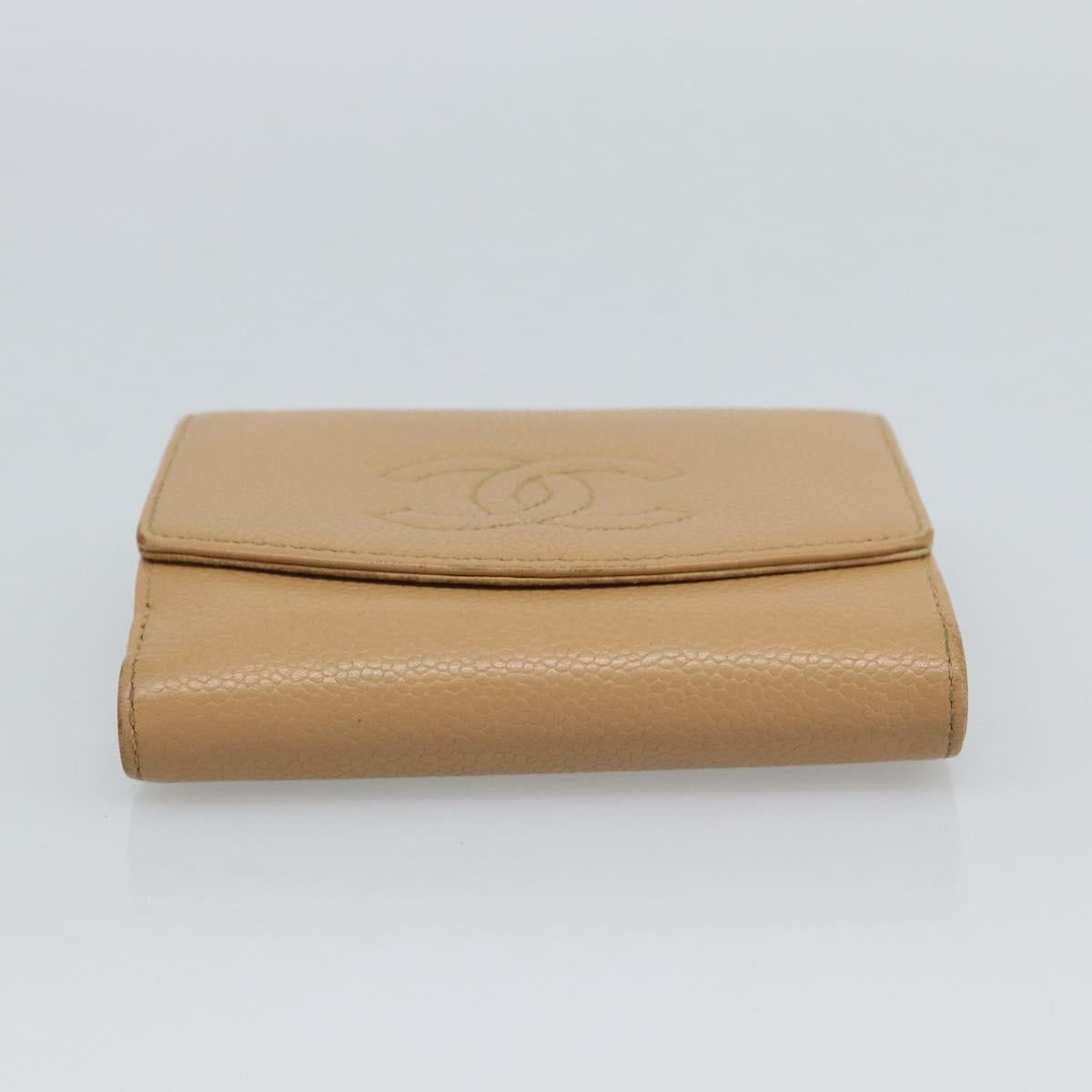 CHANEL Bifold Wallet Caviar Skin Beige Gold CC Auth 187885