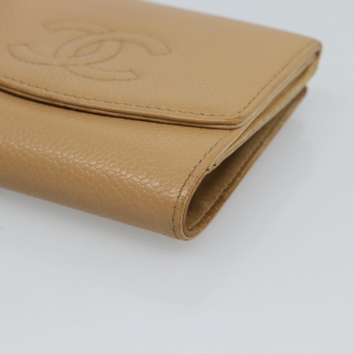 CHANEL Bifold Wallet Caviar Skin Beige Gold CC Auth 187885