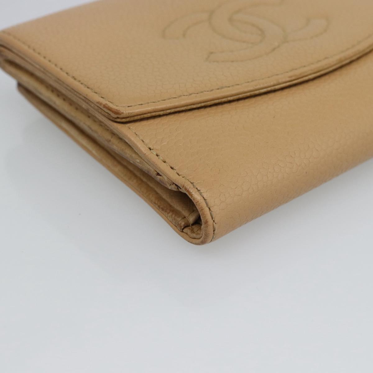 CHANEL Bifold Wallet Caviar Skin Beige Gold CC Auth 187885