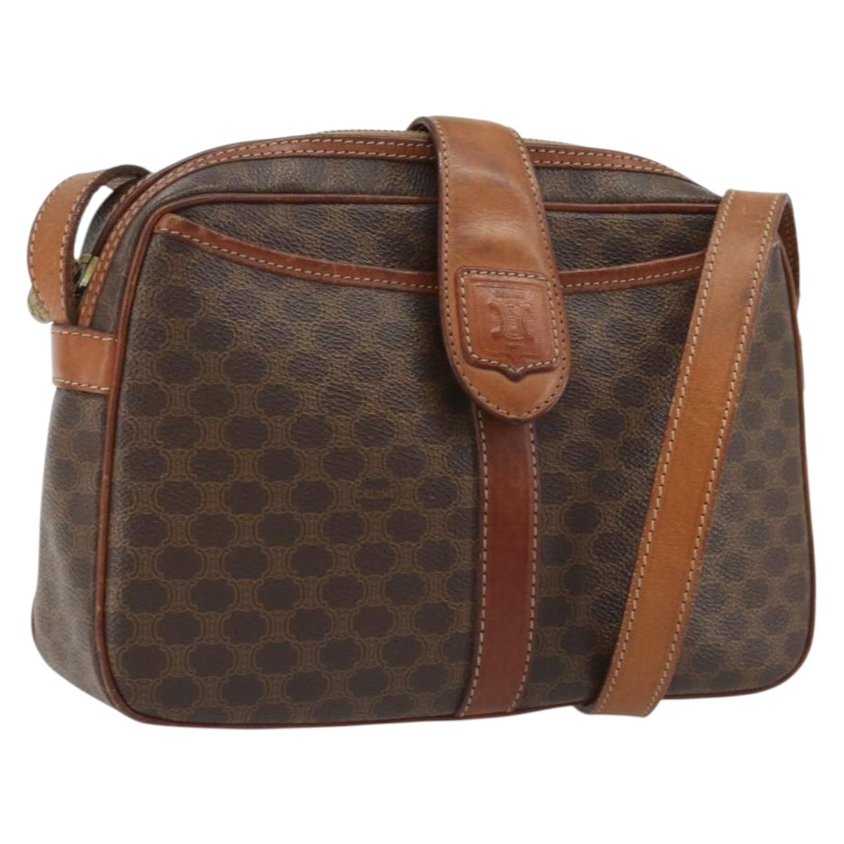 CELINE Macadam Canvas Shoulder Bag PVC Leather Brown Gold Auth 187894