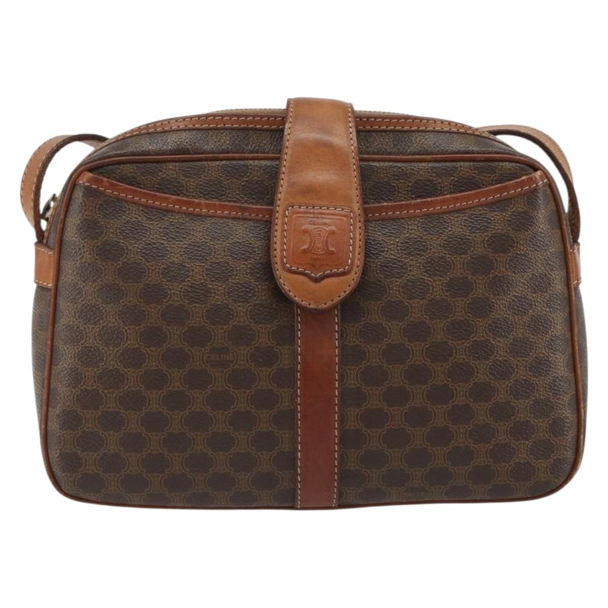 CELINE Macadam Canvas Shoulder Bag PVC Leather Brown Gold Auth 187894