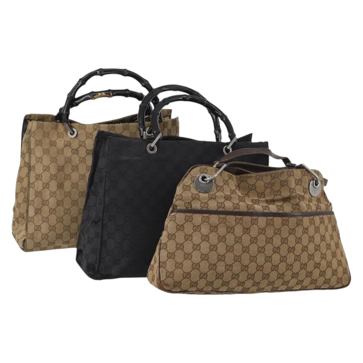 GUCCI GG Canvas Bamboo Hand Bag 3 Set Black Beige Auth 187895