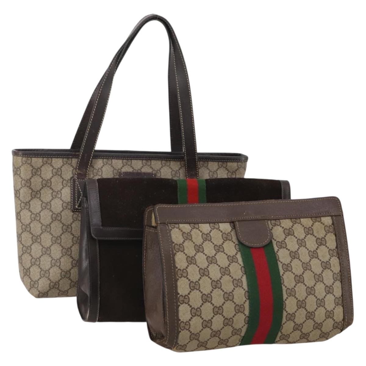 GUCCI GG Supreme Web Sherry Line Bag PVC Suede 3 Set Beige Brown Auth 187898