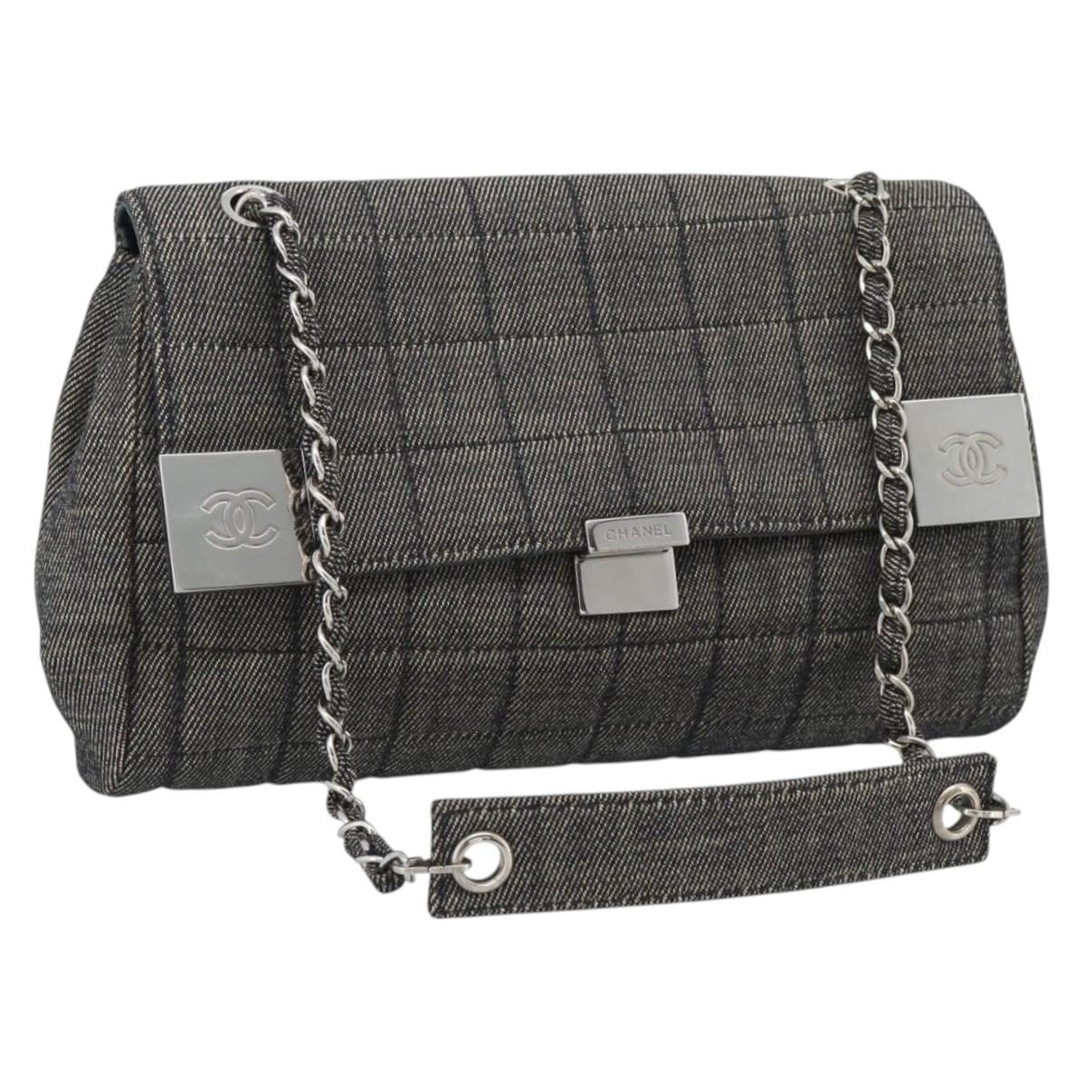 CHANEL Choco Bar Shoulder Bag Canvas Gray Silver CC Auth 187921V