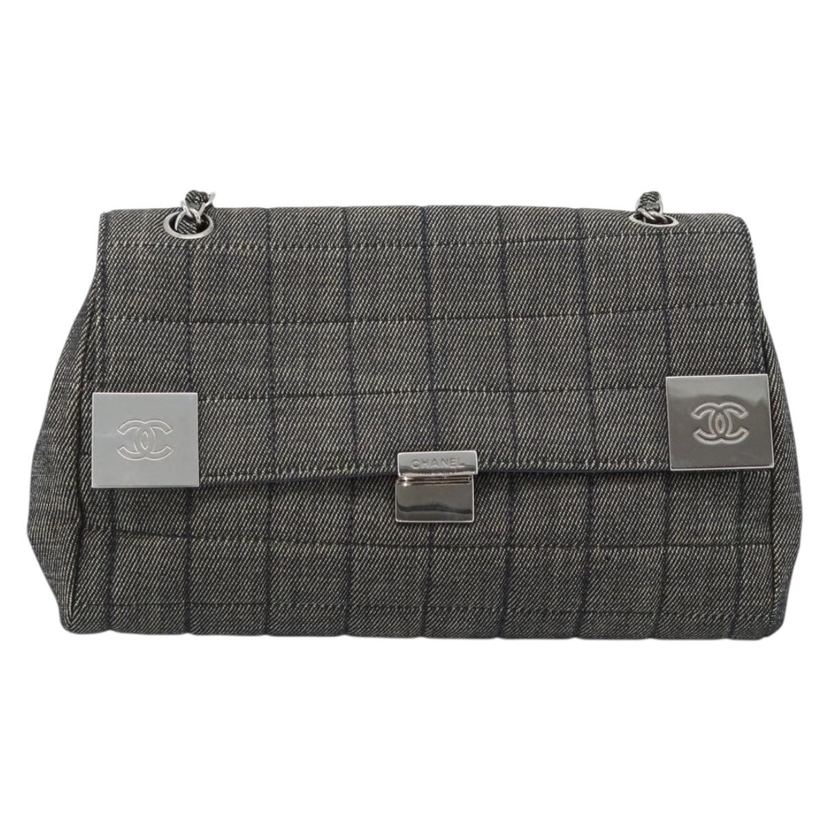 CHANEL Choco Bar Shoulder Bag Canvas Gray Silver CC Auth 187921V