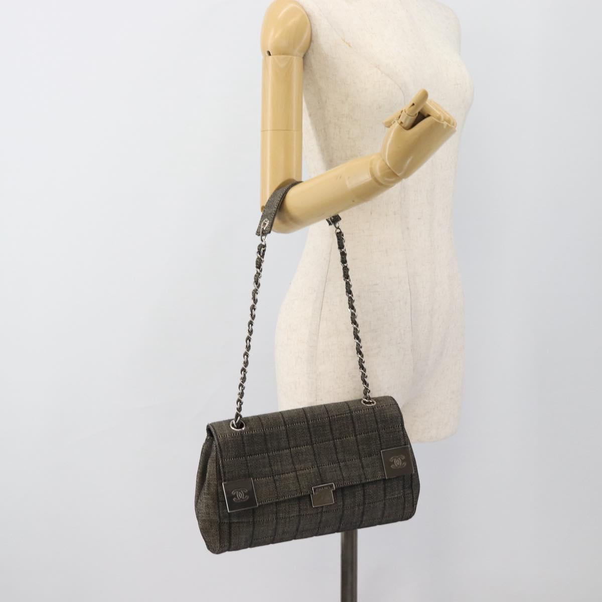 CHANEL Choco Bar Shoulder Bag Canvas Gray Silver CC Auth 187921V