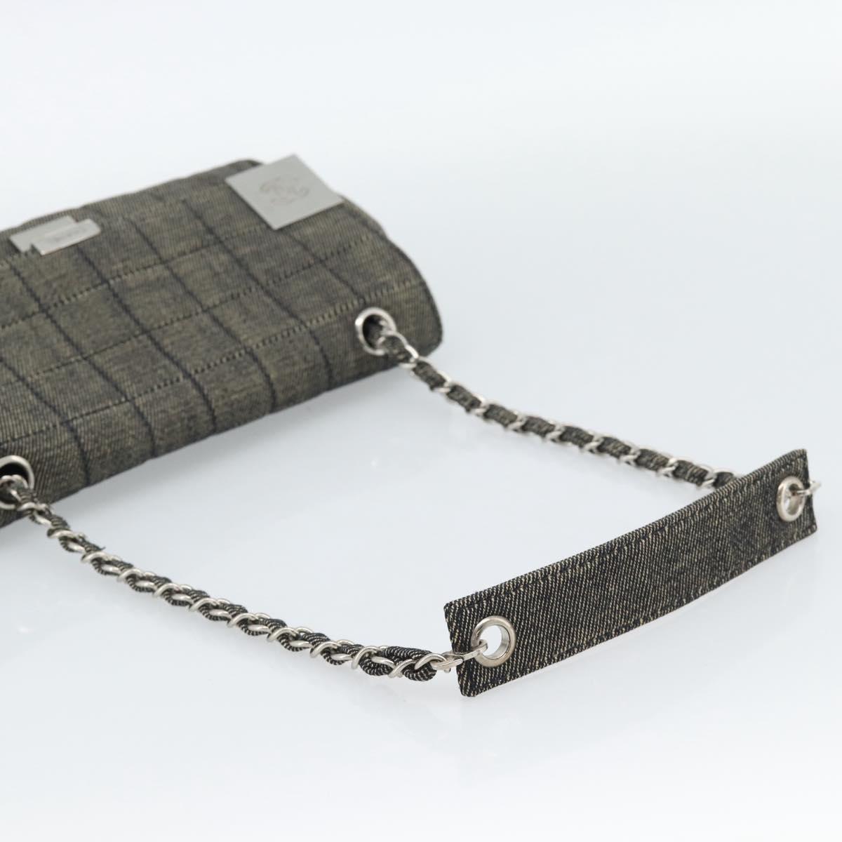 CHANEL Choco Bar Shoulder Bag Canvas Gray Silver CC Auth 187921V