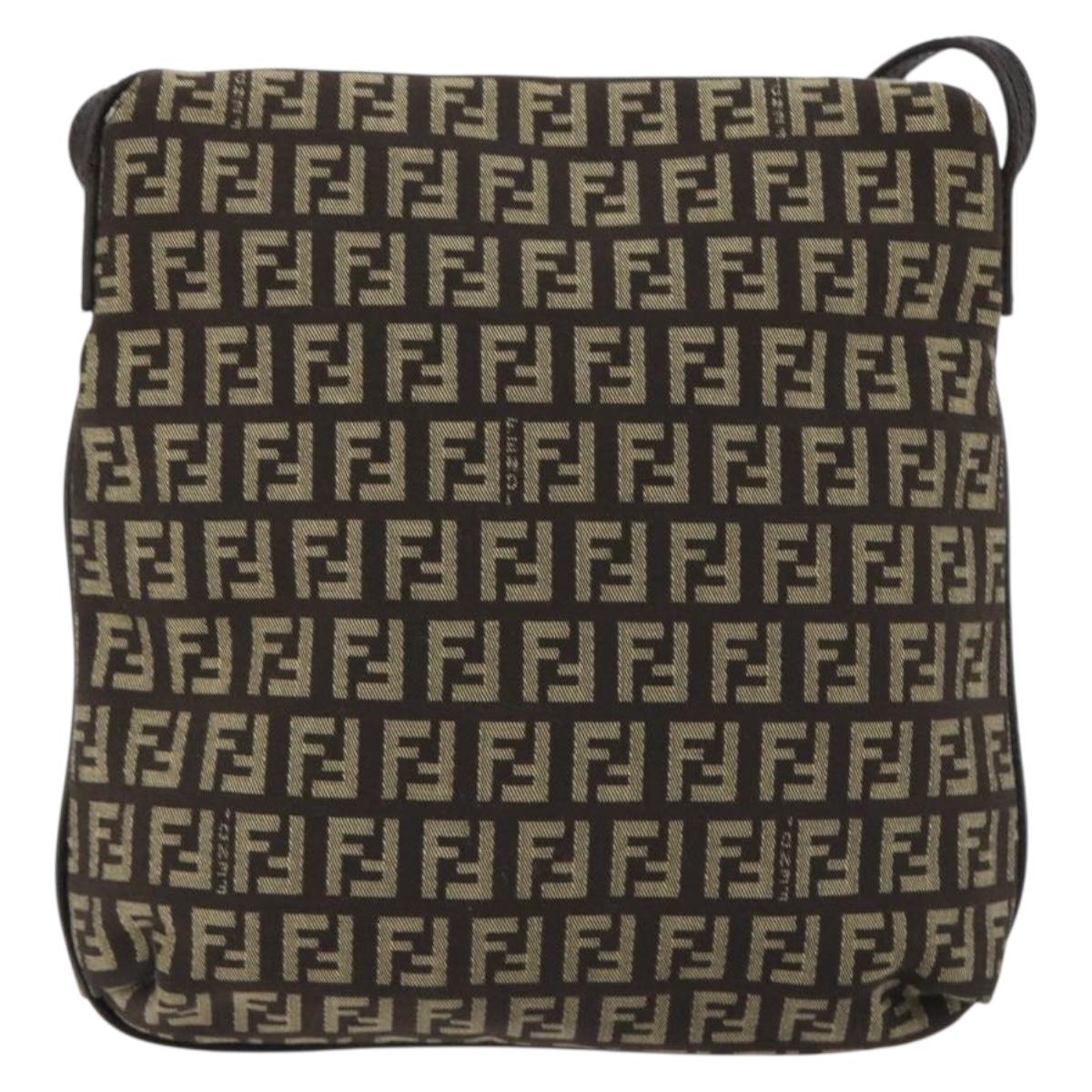 FENDI Mamma Baguette Zucchino Canvas Shoulder Bag Brown Silver Auth 187923A
