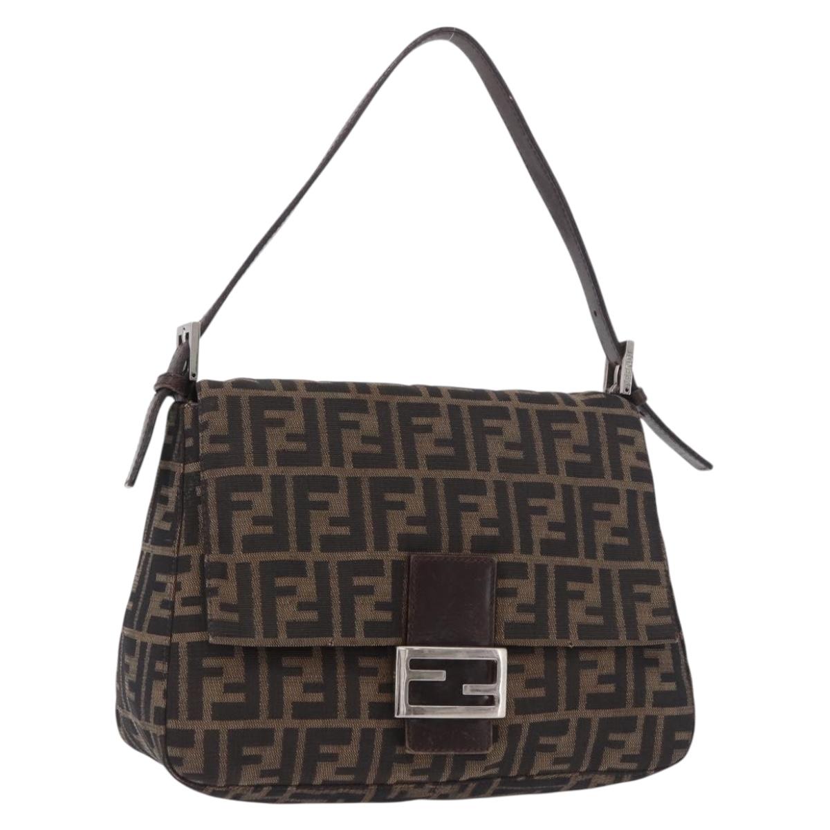 FENDI Mamma Baguette Zucca Canvas Shoulder Bag Brown Silver Auth 187925A