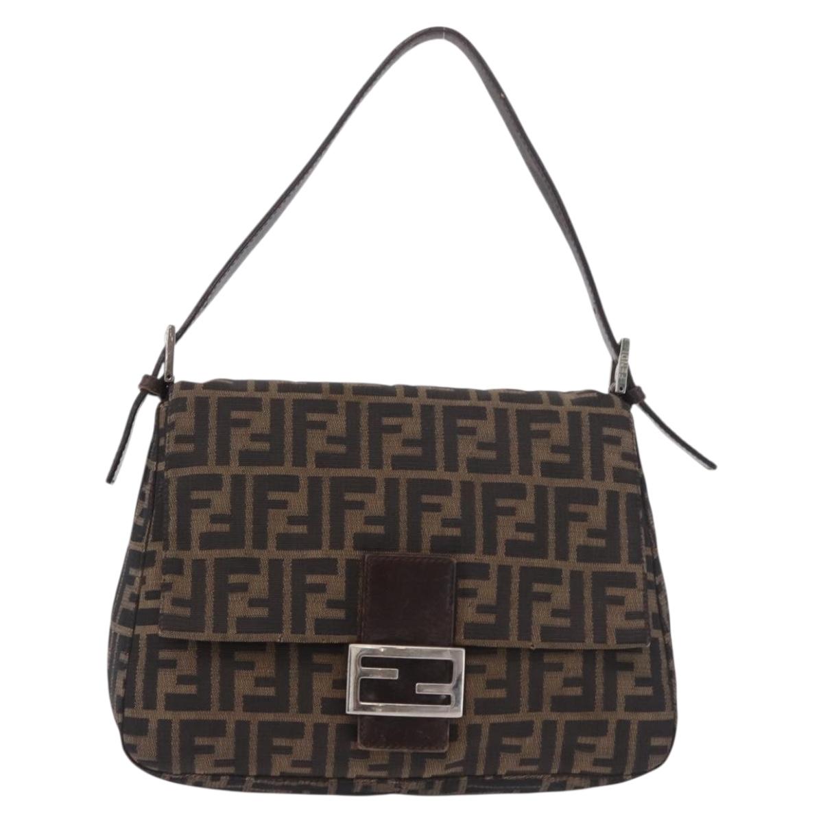 FENDI Mamma Baguette Zucca Canvas Shoulder Bag Brown Silver Auth 187925A