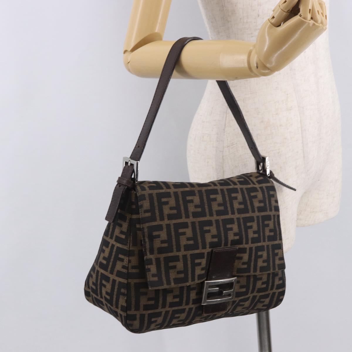 FENDI Mamma Baguette Zucca Canvas Shoulder Bag Brown Silver Auth 187925A