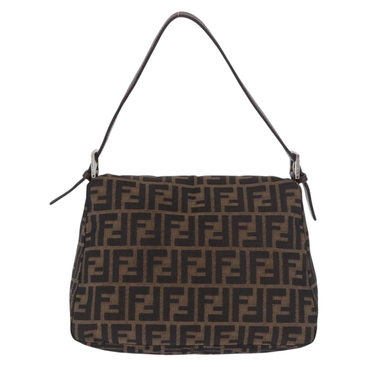FENDI Mamma Baguette Zucca Canvas Shoulder Bag Brown Silver Auth 187925A