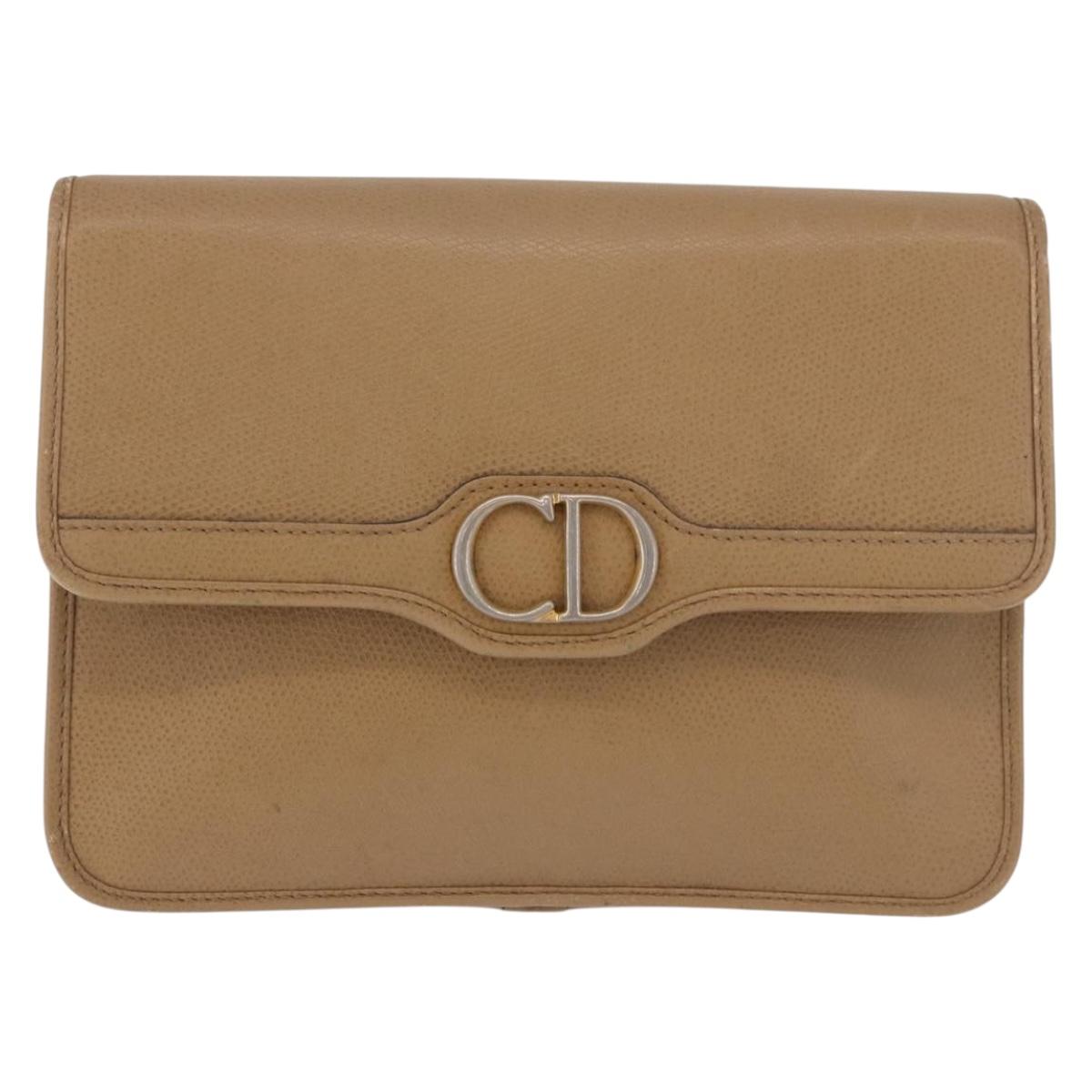 Christian Dior Chain Shoulder Bag Leather Beige Gold Auth 187941