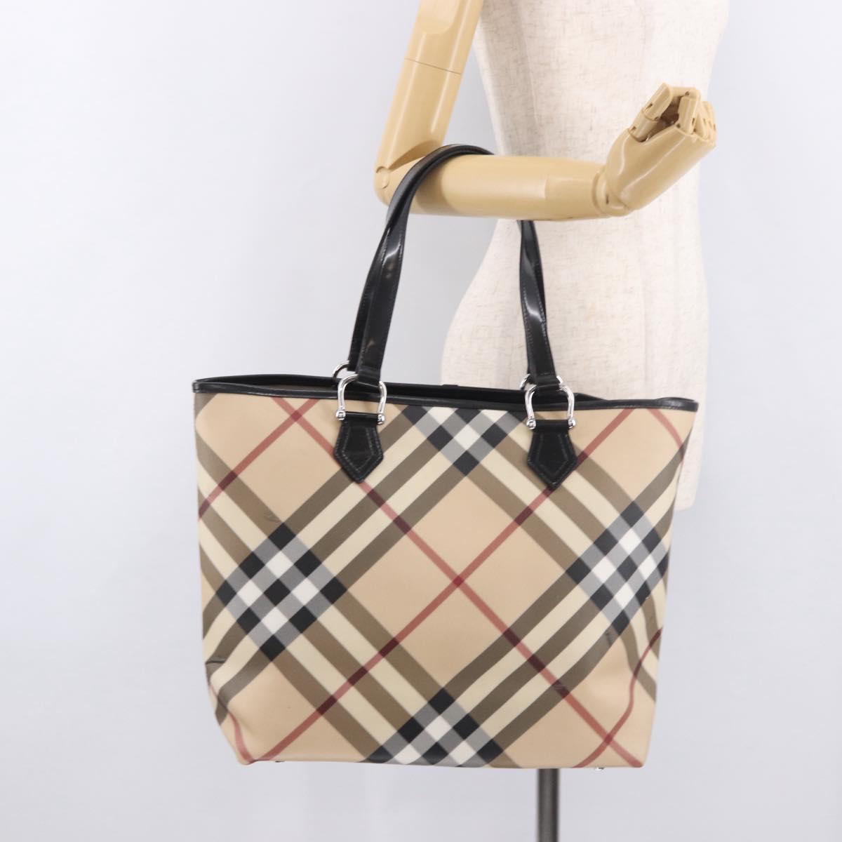 BURBERRY Nova Check Tote Bag PVC Beige Silver Auth 187957