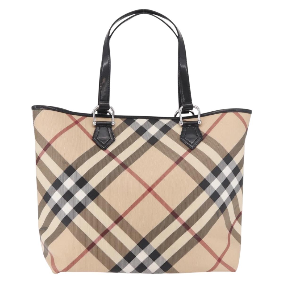BURBERRY Nova Check Tote Bag PVC Beige Silver Auth 187957