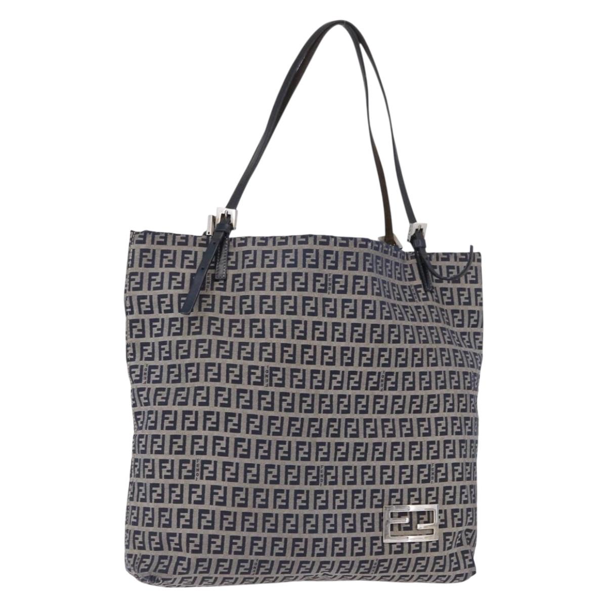 FENDI Zucchino Tote Bag Navy Silver Auth 187958