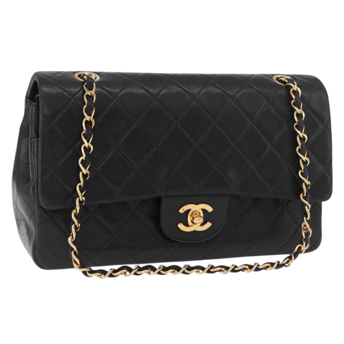 CHANEL Matelasse 25 Chain Shoulder Bag Lamb Skin Black Gold CC Auth 187961M