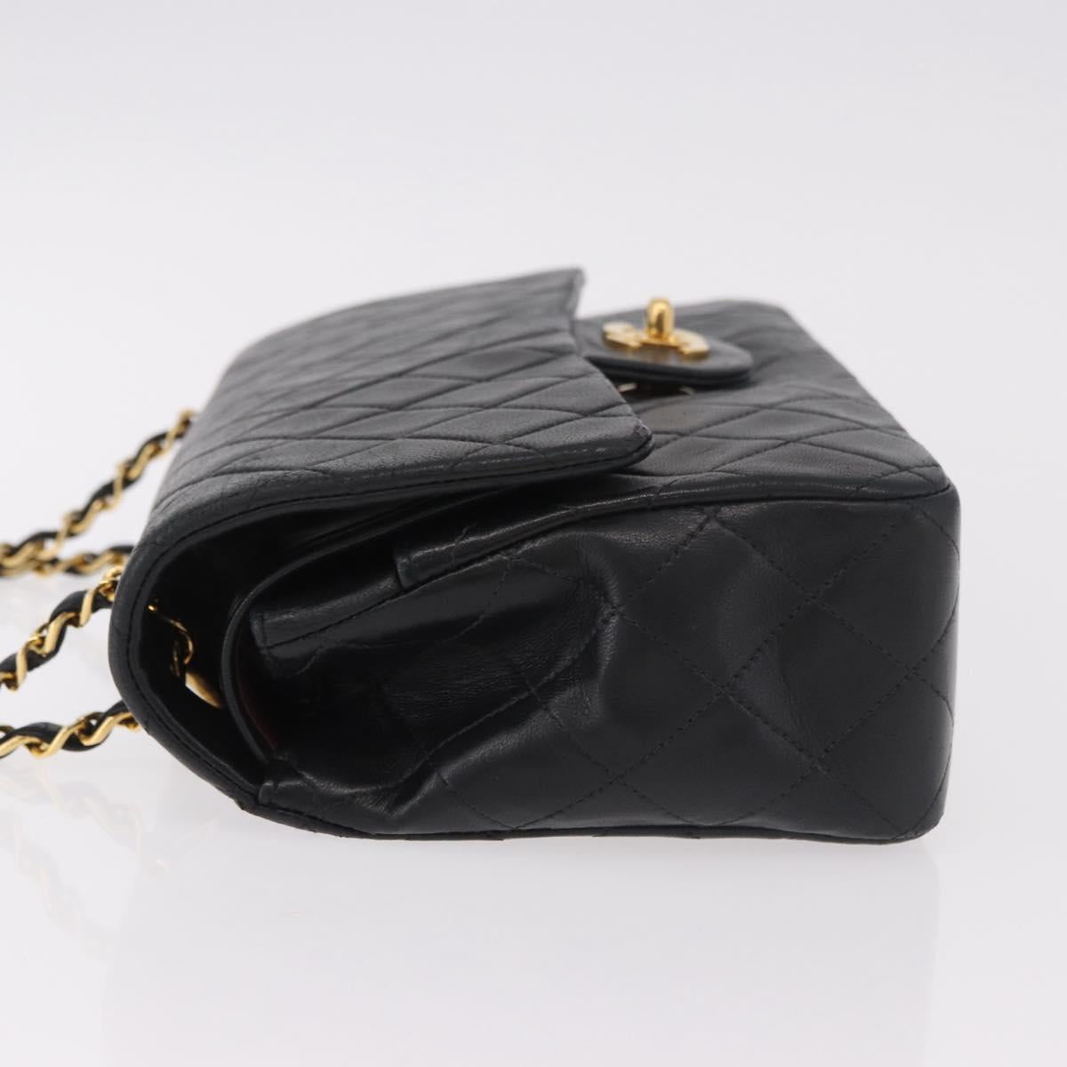 CHANEL Matelasse 25 Chain Shoulder Bag Lamb Skin Black Gold CC Auth 187961M