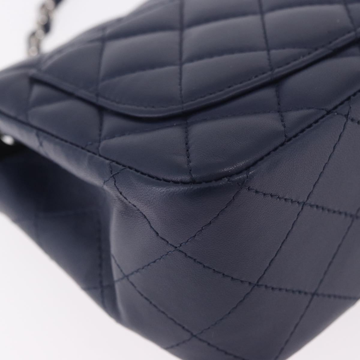 CHANEL Mini Matelasse 17 Chain Bag Lamb Skin Navy Silver CC Auth 187962SAM