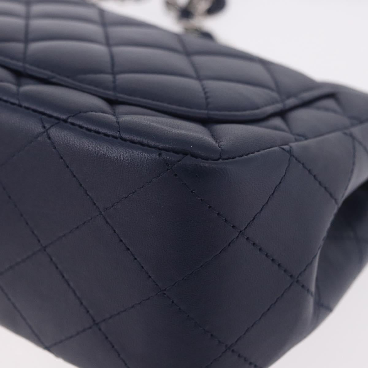 CHANEL Mini Matelasse 17 Chain Bag Lamb Skin Navy Silver CC Auth 187962SAM
