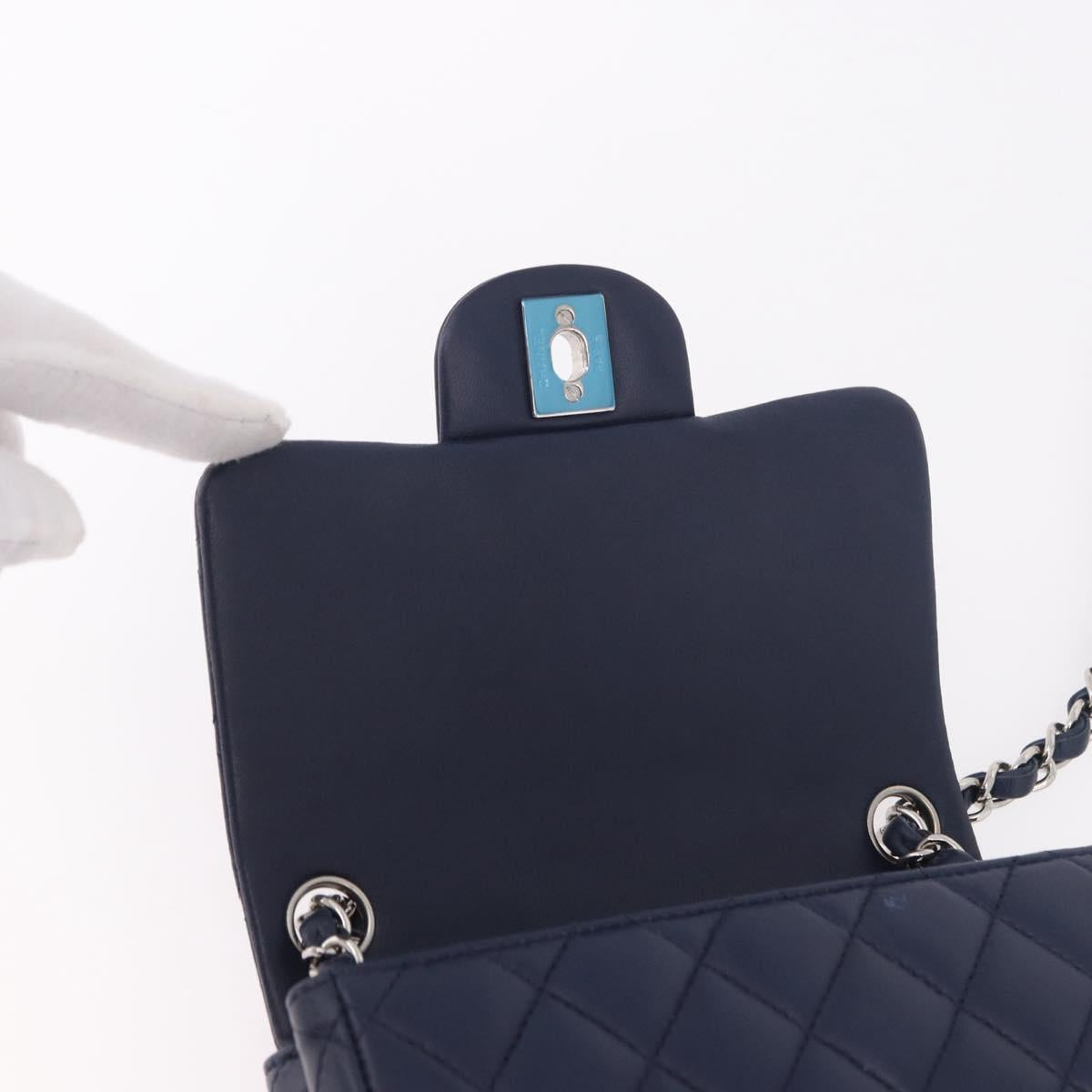 CHANEL Mini Matelasse 17 Chain Bag Lamb Skin Navy Silver CC Auth 187962SAM