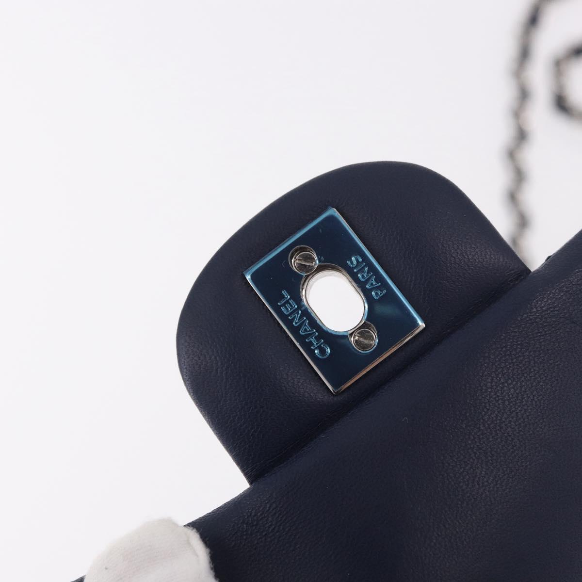CHANEL Mini Matelasse 17 Chain Bag Lamb Skin Navy Silver CC Auth 187962SAM