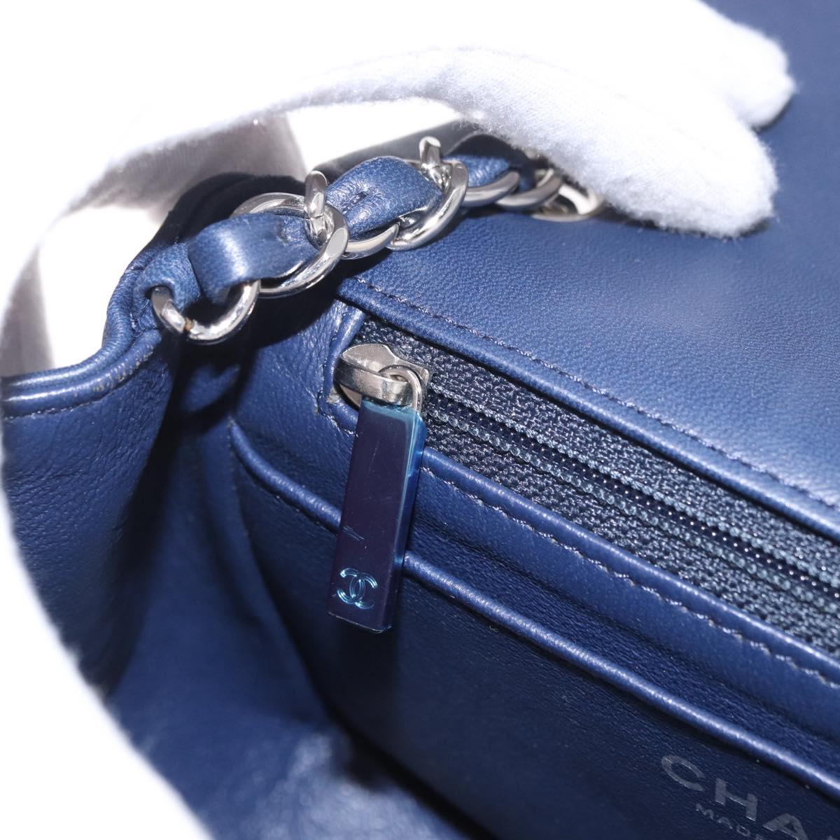 CHANEL Mini Matelasse 17 Chain Bag Lamb Skin Navy Silver CC Auth 187962SAM